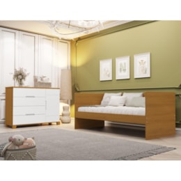 Jogo de Quarto Infantil com Sofá Cama Solteiro Nino e Cômoda Luna 1 Porta Savana/Branco Fosco - Reller Móveis 