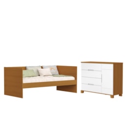 Jogo de Quarto Infantil com Sofá Cama Solteiro Nino e Cômoda Luna 1 Porta Savana/Branco Fosco - Reller Móveis 