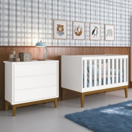 Jogo de Quarto Infantil Cômoda 3 Gavetas e Berço Classic Branco Fosco com Pés Amadeirado - Reller Móveis Jogo de Quarto Infantil Cômoda 3 Gavetas e Berço Classic Branco Fosco com Pés Amadeirado - Reller Móveis