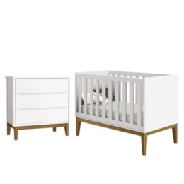 Jogo de Quarto Infantil Cômoda 3 Gavetas e Berço Classic Branco Fosco com Pés Amadeirado - Reller Móveis Jogo de Quarto Infantil Cômoda 3 Gavetas e Berço Classic Branco Fosco com Pés Amadeirado - Reller Móveis