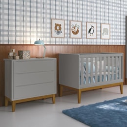 Jogo de Quarto Infantil Cômoda 3 Gavetas e Berço Classic Cinza Fosco com Pés Amadeirado - Reller Móveis Jogo de Quarto Infantil Cômoda 3 Gavetas e Berço Classic Cinza Fosco com Pés Amadeirado - Reller Móveis