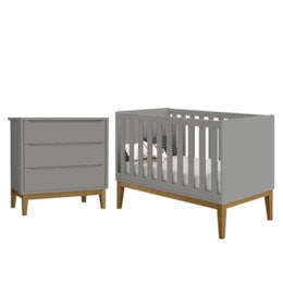 Jogo de Quarto Infantil Cômoda 3 Gavetas e Berço Classic Cinza Fosco com Pés Amadeirado - Reller Móveis Jogo de Quarto Infantil Cômoda 3 Gavetas e Berço Classic Cinza Fosco com Pés Amadeirado - Reller Móveis