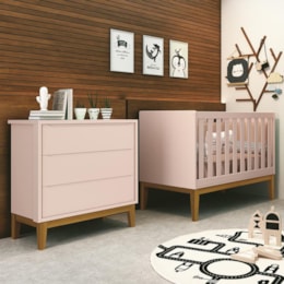 Jogo de Quarto Infantil Cômoda 3 Gavetas e Berço Classic Rosa Fosco com Pés Amadeirado - Reller Móveis Jogo de Quarto Infantil Cômoda 3 Gavetas e Berço Classic Rosa Fosco com Pés Amadeirado - Reller Móveis