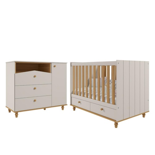 Jogo de Quarto Infantil Cômoda Casinha 1 Porta e Berço Americano Candy Off White/Nature - Permóbili Baby 