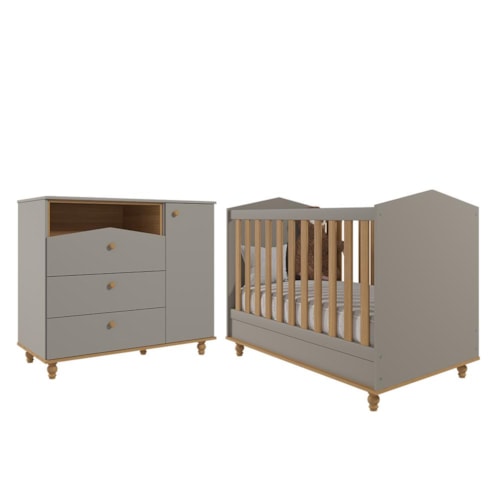 Jogo de Quarto Infantil Cômoda Casinha 1 Porta e Berço Americano Mimo Fendi/Nature - Permóbili Baby