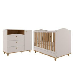 Jogo de Quarto Infantil Cômoda Casinha 1 Porta e Berço Americano Mimo Off White/Nature - Permóbili Baby