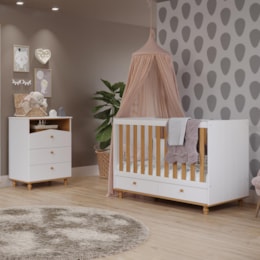 Jogo de Quarto Infantil Cômoda Casinha 3 Gavetas e Berço Americano Candy Branco/Nature - Permóbili Baby