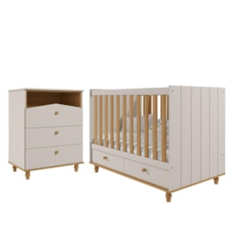 Jogo de Quarto Infantil Cômoda Casinha 3 Gavetas e Berço Americano Candy Off White/Nature - Permóbili Baby