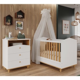 Jogo de Quarto Infantil Cômoda Casinha 3 Gavetas e Berço Americano Mimo Branco/Nature - Permóbili Baby