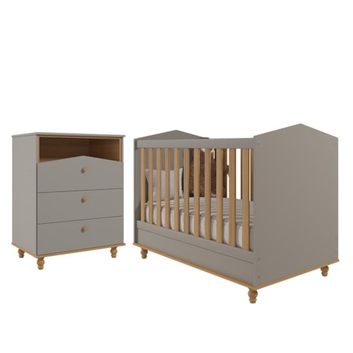 Jogo de Quarto Infantil Cômoda Casinha 3 Gavetas e Berço Americano Mimo Fendi/Nature - Permóbili Baby