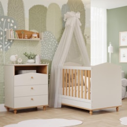 Jogo de Quarto Infantil Cômoda Casinha 3 Gavetas e Berço Americano Mimo Off White/Nature - Permóbili Baby 