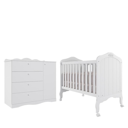 Jogo de Quarto Infantil Cômoda Encanto e Berço Harmonia Branco - Permóbili Baby