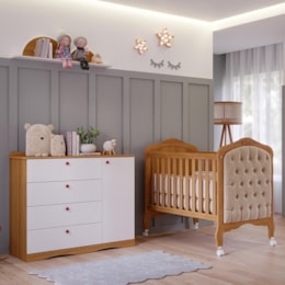 Jogo de Quarto Infantil Cômoda Encanto e Berço Harmonia Nature/Branco com Capitonê - Permóbili Baby