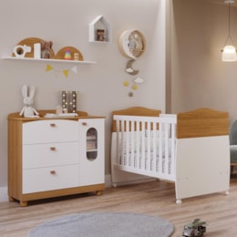 Jogo de Quarto Infantil Cômoda Fofura e Berço Conforto Nature/Branco - Permóbili Baby