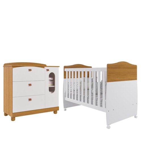 Jogo de Quarto Infantil Cômoda Fofura e Berço Conforto Nature/Branco - Permóbili Baby