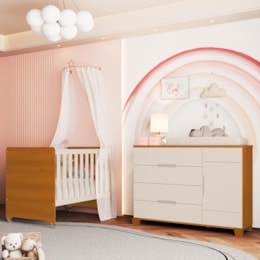 Jogo de Quarto Infantil Cômoda Luna 1 Porta e Berço Evolution Areia Fosco/Savana - Reller Móveis