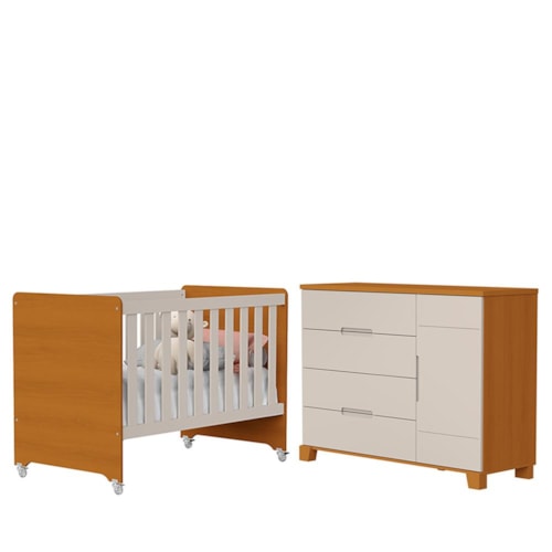 Jogo de Quarto Infantil Cômoda Luna 1 Porta e Berço Evolution Areia Fosco/Savana - Reller Móveis