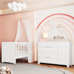 Jogo de Quarto Infantil Cômoda Luna 1 Porta e Berço Evolution Branco Fosco - Reller Móveis