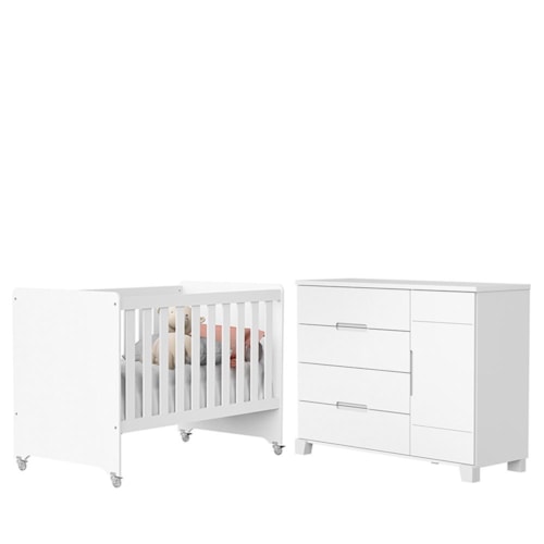 Jogo de Quarto Infantil Cômoda Luna 1 Porta e Berço Evolution Branco Fosco - Reller Móveis