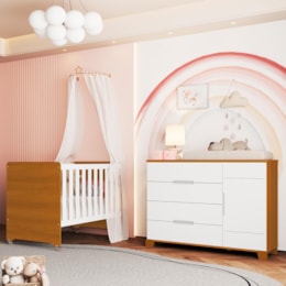 Jogo de Quarto Infantil Cômoda Luna 1 Porta e Berço Evolution Branco Fosco/Savana - Reller Móveis