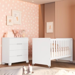 Jogo de Quarto Infantil Cômoda Luna 4 Gavetas e Berço Evolution Branco Fosco - Reller Móveis