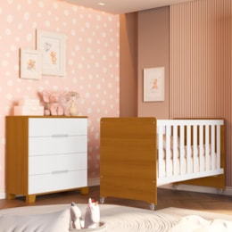 Jogo de Quarto Infantil Cômoda Luna 4 Gavetas e Berço Evolution Branco Fosco/Savana - Reller Móveis 