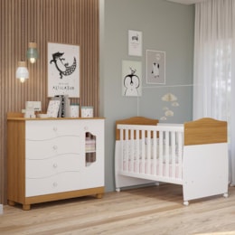 Jogo de Quarto Infantil Cômoda Riso e Berço Conforto Nature/Branco - Permóbili Baby