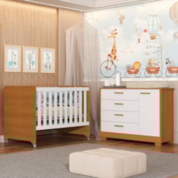 Jogo de Quarto Infantil Cômoda Zaki e Berço Evolution Branco Fosco/Savana - Reller Móveis
