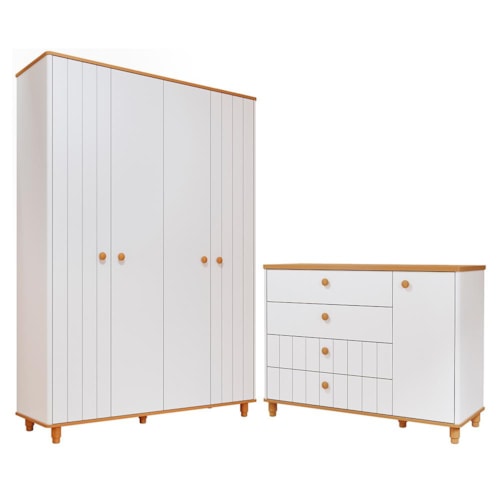 Jogo de Quarto Infantil Cupcake Guarda Roupa e Cômoda 1 Porta Branco Acetinado/Nature - Permóbili Baby