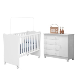 Jogo de Quarto Infantil Doce Sonho Cômoda 1 Porta e Berço Branco com Rodízio - Qmovi Jogo de Quarto Infantil Doce Sonho Cômoda 1 Porta e Berço Branco com Rodízio - Qmovi