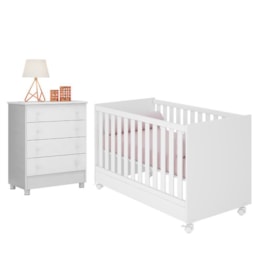 Jogo de Quarto Infantil Doce Sonho Cômoda 4 Gavetas e Berço Mini Cama Branco com Rodízio - Qmovi  Jogo de Quarto Infantil Doce Sonho Cômoda 4 Gavetas e Berço Mini Cama Branco com Rodízio - Qmovi