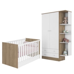 Jogo de Quarto Infantil Doce Sonho Guarda Roupa 2 Portas e Berço Mini Cama Carvalho/Branco - Qmovi Jogo de Quarto Infantil Doce Sonho Guarda Roupa 2 Portas e Berço Mini Cama Carvalho/Branco - Qmovi