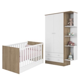 Jogo de Quarto Infantil Doce Sonho Guarda Roupa 2 Portas e Berço Mini Cama Carvalho/Branco - Qmovi 