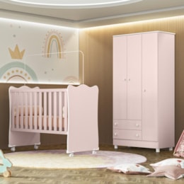 Jogo de Quarto Infantil Doce Sonho Guarda Roupa 3 Portas e Berço Rosa Acetinado com Rodízio - Qmovi Jogo de Quarto Infantil Doce Sonho Guarda Roupa 3 Portas e Berço Rosa Acetinado com Rodízio - Qmovi