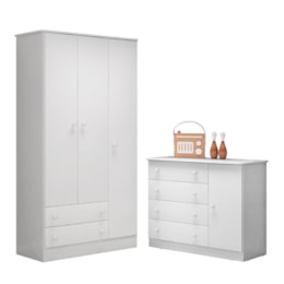 Jogo de Quarto Infantil Doce Sonho Guarda Roupa 3 Portas e Cômoda 1 Porta Branco - Qmovi Jogo de Quarto Infantil Doce Sonho Guarda Roupa 3 Portas e Cômoda 1 Porta Branco - Qmovi