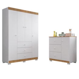 Jogo de Quarto Infantil Duda com Guarda Roupa 4 Portas e Cômoda Branco/Carvalho - Phoenix Baby