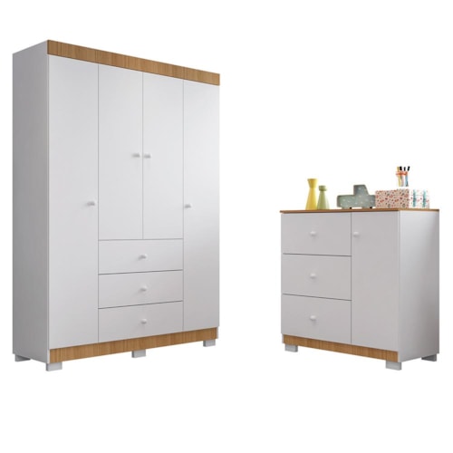 Jogo de Quarto Infantil Duda com Guarda Roupa 4 Portas e Cômoda Branco/Carvalho - Phoenix Baby