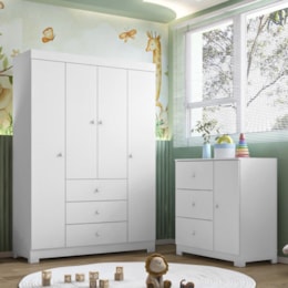 Jogo de Quarto Infantil Duda com Guarda Roupa 4 Portas e Cômoda Branco - Phoenix Baby Jogo de Quarto Infantil Duda com Guarda Roupa 4 Portas e Cômoda Branco - Phoenix Baby