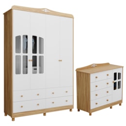Jogo de Quarto Infantil Elô com Janela Guarda Roupa e Cômoda Branco Brilho/Amêndoa - Móveis Peroba