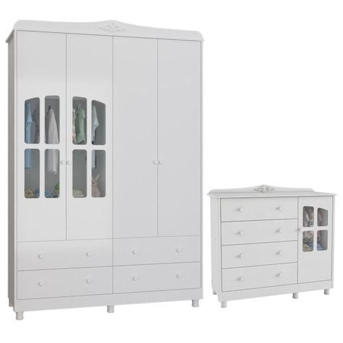 Jogo de Quarto Infantil Elô com Janela Guarda Roupa e Cômoda Branco Brilho - Móveis Peroba