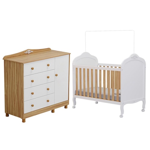 Jogo de Quarto Infantil Elô Cômoda e Berço Branco Brilho/Amêndoa - Móveis Peroba