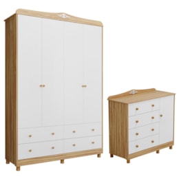 Jogo de Quarto Infantil Elô Guarda Roupa e Cômoda Branco Brilho/Amêndoa - Móveis Peroba