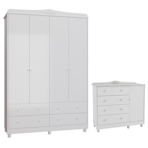 Jogo de Quarto Infantil Elô Guarda Roupa e Cômoda Branco Brilho - Móveis Peroba