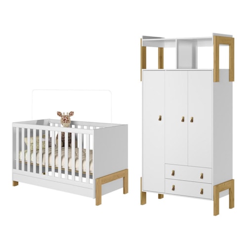 Jogo de Quarto Infantil Fantasia Guarda Roupa e Berço Mini Cama Branco Acetinado - Qmovi