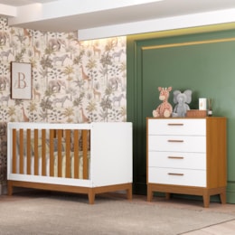 Jogo de Quarto Infantil Flip Cômoda 4 Gavetas e Berço Americano Branco Fosco/Savana - Reller Móveis 