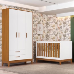 Jogo de Quarto Infantil Flip Guarda Roupa 3 Portas e Berço Americano Branco Fosco/Savana - Reller Móveis