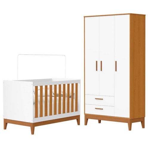 Jogo de Quarto Infantil Flip Guarda Roupa 3 Portas e Berço Americano Branco Fosco/Savana - Reller Móveis
