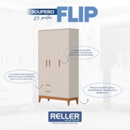 Jogo de Quarto Infantil Flip Guarda Roupa 3 Portas e Cômoda 1 Porta Areia Fosco - Reller Móveis