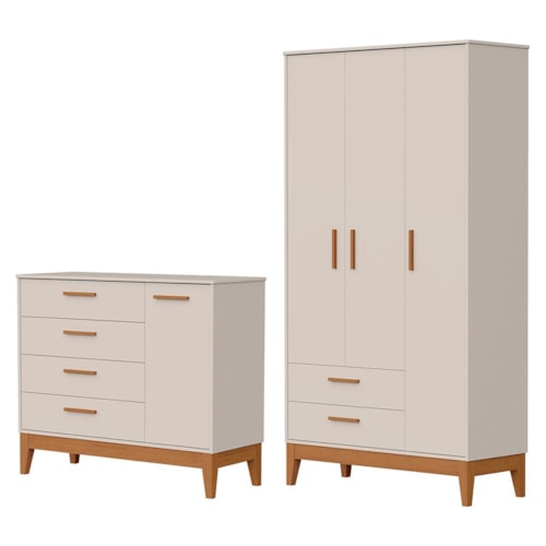 Jogo de Quarto Infantil Flip Guarda Roupa 3 Portas e Cômoda 1 Porta Areia Fosco - Reller Móveis