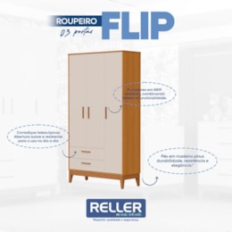 Jogo de Quarto Infantil Flip Guarda Roupa 3 Portas e Cômoda 1 Porta Areia Fosco/Savana - Reller Móveis